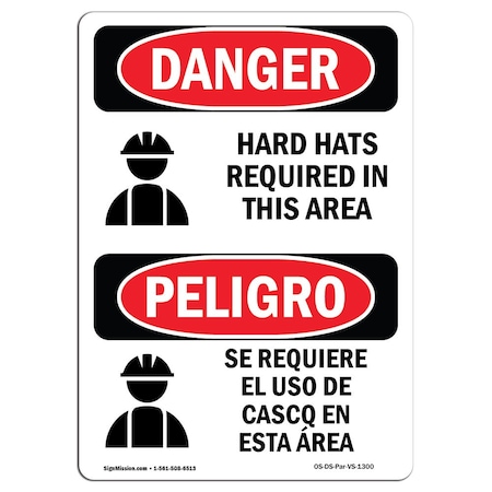 OSHA Danger, Hard Hats Required In This Area Bilingual, 7in X 5in Decal